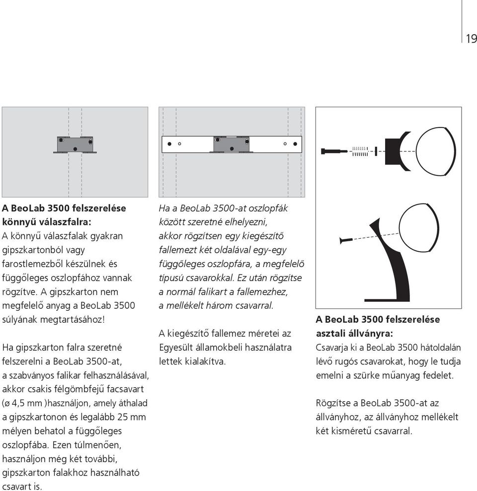 Ha gipszkarton falra szeretné felszerelni a BeoLab 3500-at, a szabványos falikar felhasználásával, akkor csakis félgömbfejű facsavart (ø 4,5 mm )használjon, amely áthalad a gipszkartonon és legalább
