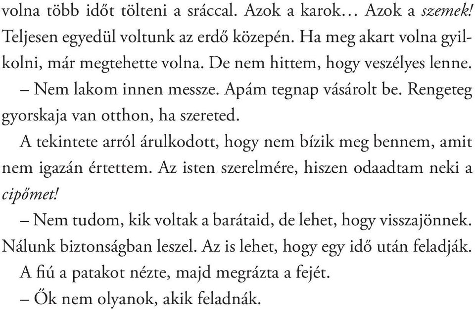 A tekintete arról árulkodott, hogy nem bízik meg bennem, amit nem igazán értettem. Az isten szerelmére, hiszen odaadtam neki a cipőmet!