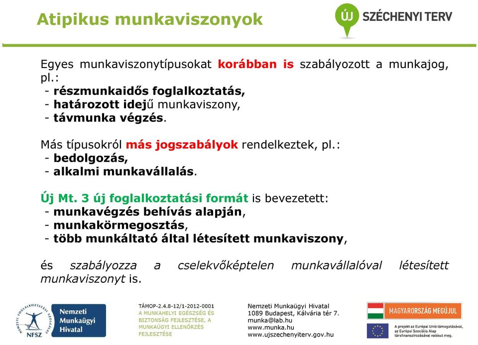 Más típusokról más jogszabályok rendelkeztek, pl.: - bedolgozás, - alkalmi munkavállalás. Új Mt.