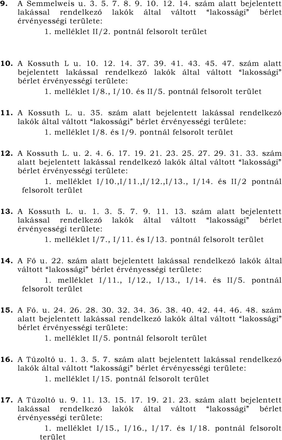 A Kossuth L. u. 2. 4. 6. 17. 19. 21. 23. 25. 27. 29. 31. 33. szám alatt 1. melléklet I/10.,I/11.,I/12.,I/13., I/14. és II/2 pontnál felsorolt terület 13. A Kossuth L. u. 1. 3. 5. 7. 9. 11. 13. szám alatt bejelentett 1.