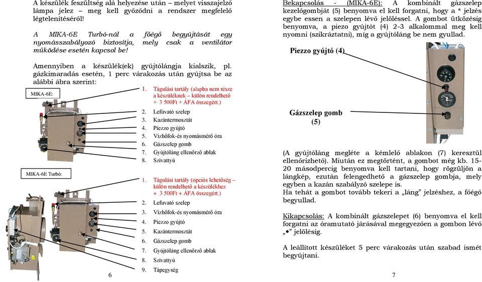 Bekapcsolás - (MIKA-6E): A kombinált gázszelep kezelőgombját (5) benyomva el kell forgatni, hogy a * jelzés egybe essen a szelepen lévő jelöléssel.