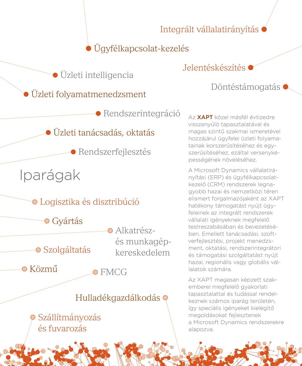 tapasztalatával és magas szintű szakmai ismeretével hozzájárul ügyfelei üzleti folyamatainak korszerűsítéséhez és egyszerűsítéséhez, ezáltal versenyképességének növeléséhez.