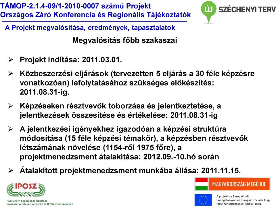 Megvalósítás főbb szakaszai Közbeszerzési eljárások (tervezetten 5 eljárás a 30 féle képzésre vonatkozóan) lefolytatásához szükséges