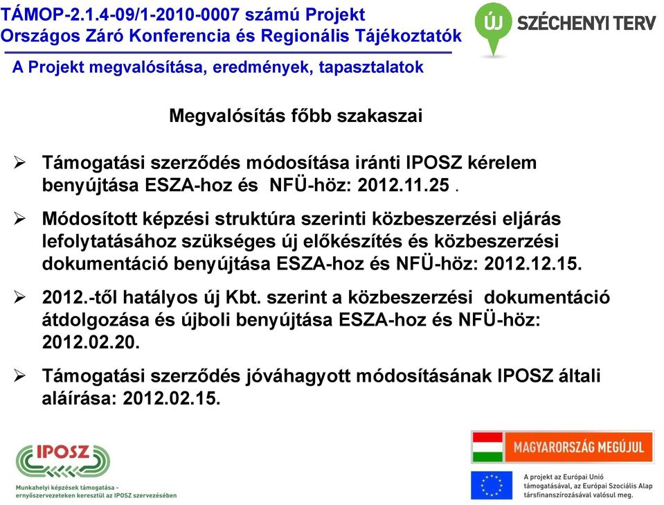 dokumentáció benyújtása ESZA-hoz és NFÜ-höz: 2012.12.15. 2012.-től hatályos új Kbt.