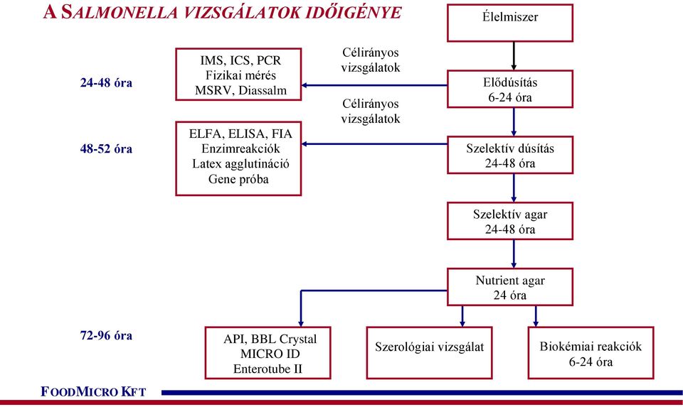 Célirányos vizsgálatok Elődúsítás 6-24 óra Szelektív dúsítás 24-48 óra Szelektív agar 24-48 óra Nutrient