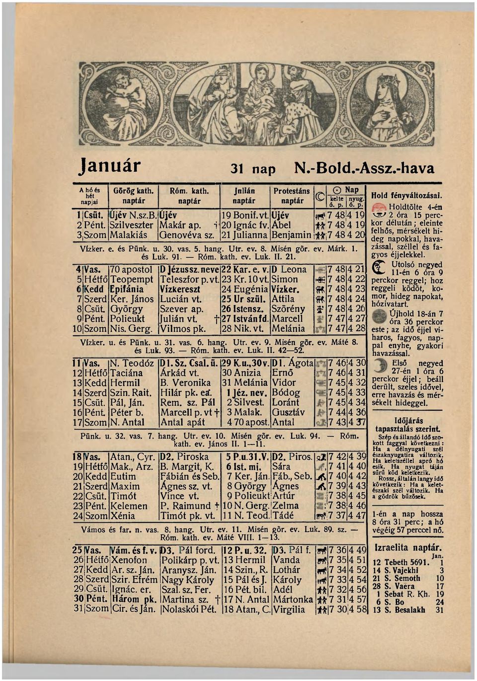 7 48 4 19 tü 7 48 4 19 Genovéva sz. 21 Julianna Benjamin tf# 7 48 4 20 Vízker. e. és Pünk. u. 30. vas. 5. hang. Utr. ev. 8. Misén gör. ev. Márk. 1. és Luk. 91- Róm. kath. ev. Luk. II. 21. Vas.