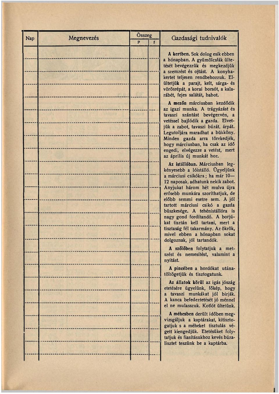 A trágyázást és tavaszi szántást bevégezvén, a vetéssel bajlódik a gazda. Elvetjük a zabot, tavaszi búzát, árpát. Legutoljára maradhat a bükköny.