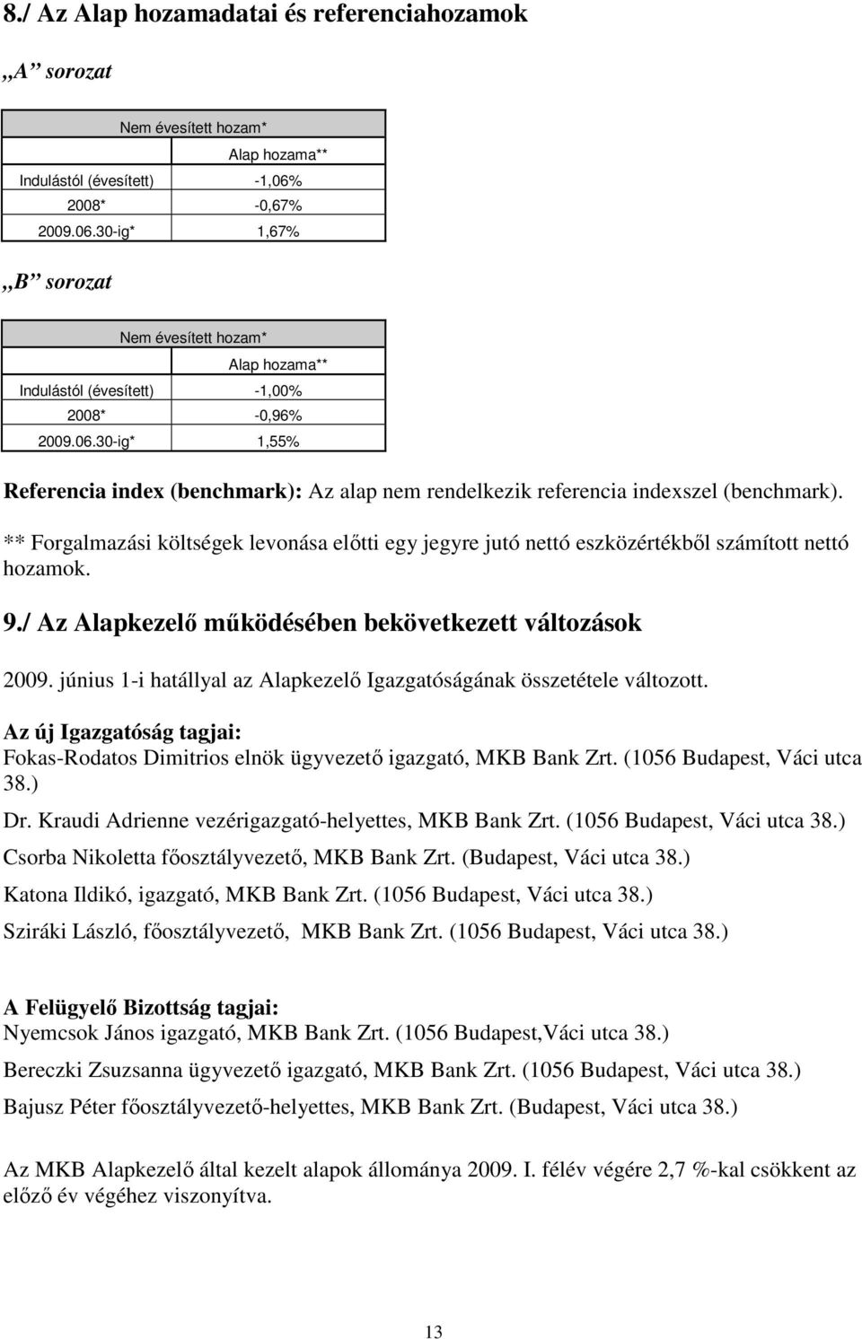 ** Forgalmazási költségek levonása elıtti egy jegyre jutó nettó eszközértékbıl számított nettó hozamok. 9./ Az Alapkezelı mőködésében bekövetkezett változások 2009.