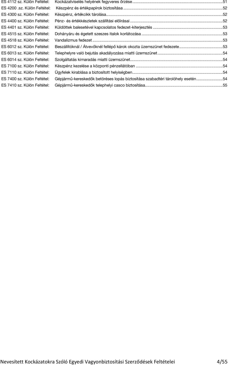 Külön Feltétel: Küldöttek balesetével kapcsolatos fedezet-kiterjesztés... 53 ES 4515 sz. Külön Feltétel: Dohányáru és égetett szeszes italok korlátozása... 53 ES 4518 sz.