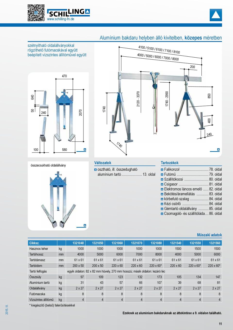 4000 / 5000 / 6000 / 7000 / 8000 200 470 50 1740 400 640 2120-3370 1740-2990 850 240 2070 240 100 580 összecsukható oldalállvány Változatok osztható, ill. összedugható alumínium tartó... 13.