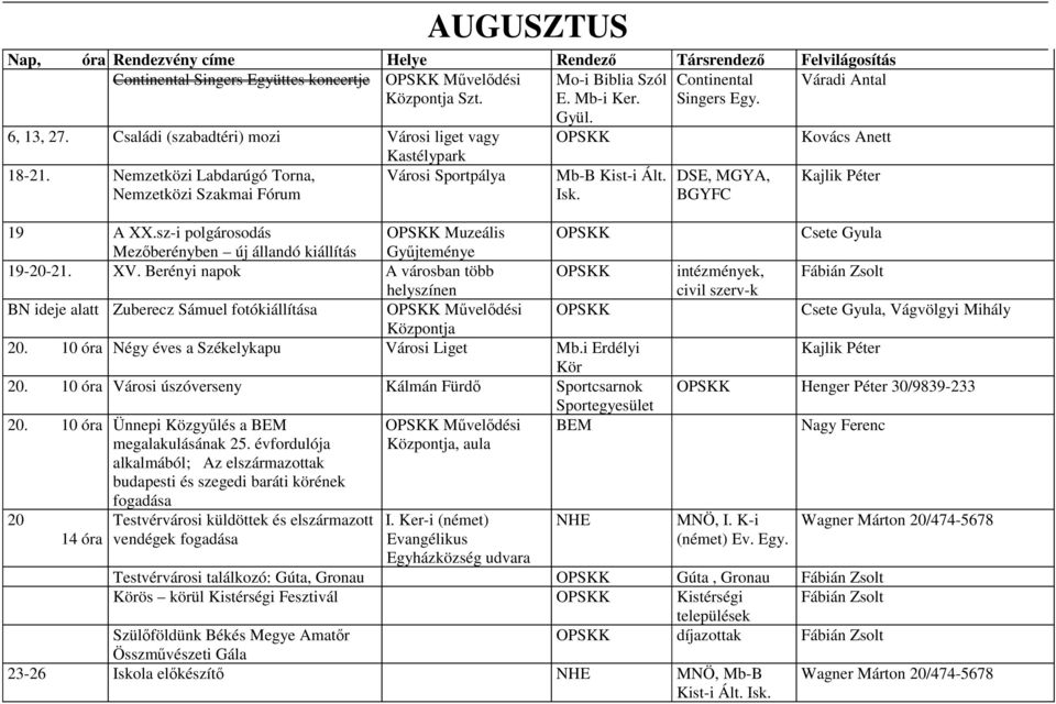 Berényi napok A városban több helyszínen BN ideje alatt Zuberecz Sámuel fotókiállítása Mővelıdési 20. 10 óra Négy éves a Székelykapu Városi Liget Mb.i Erdélyi Kör 20.