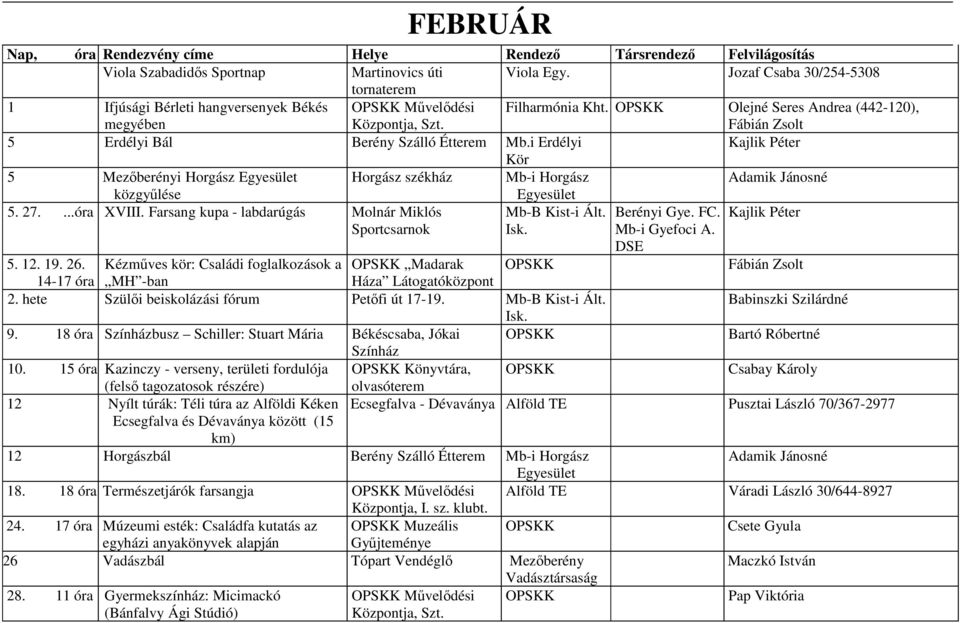 ...óra XVIII. Farsang kupa - labdarúgás Molnár Miklós Mb-B Kist-i Ált. Berényi Gye. FC. Kajlik Péter Sportcsarnok Mb-i Gyefoci A. DSE 5. 12. 19. 26.