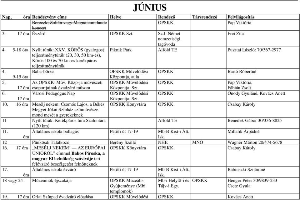 17 óra Az Mőv. Közp-ja mővészeti csoportjainak évadzáró mősora Mővelıdési, Szt. Pap Viktória, 6. Városi Pedagógus Nap Mővelıdési Onody Gyuláné, 17 óra, Szt. 10.