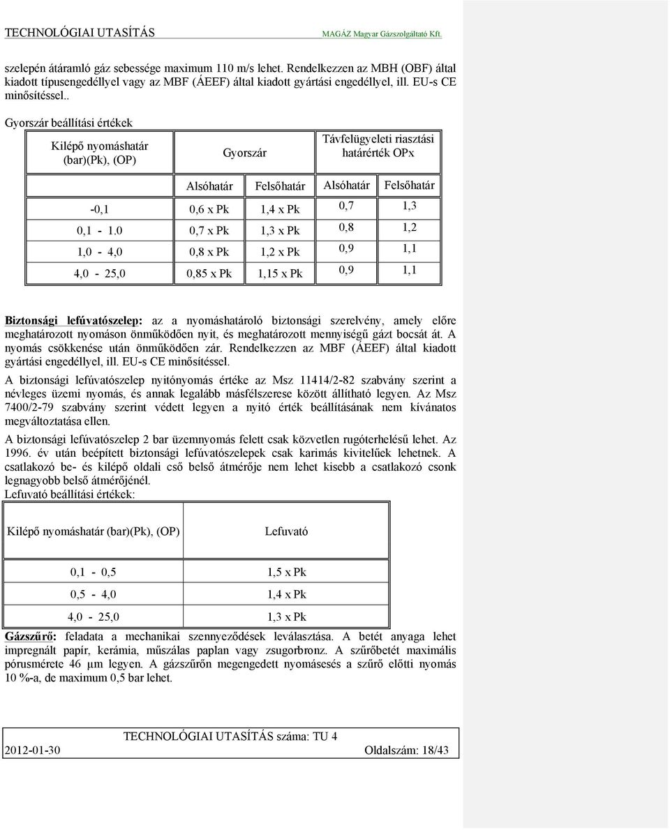 0 0,7 x Pk 1,3 x Pk 0,8 1,2 1,0-4,0 0,8 x Pk 1,2 x Pk 0,9 1,1 4,0-25,0 0,85 x Pk 1,15 x Pk 0,9 1,1 Biztonsági lefúvatószelep: az a nyomáshatároló biztonsági szerelvény, amely előre meghatározott