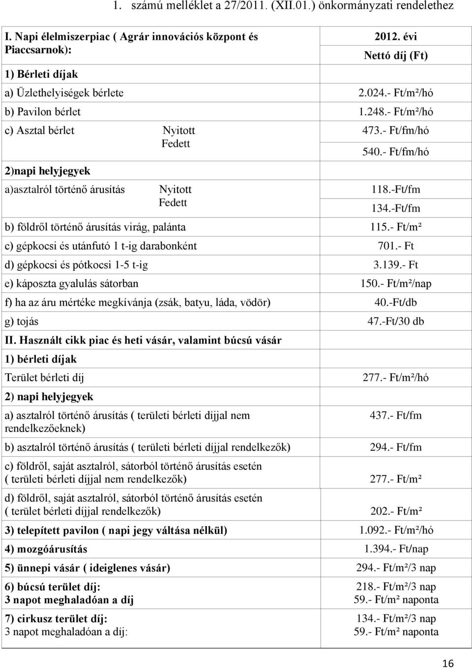 - Ft/fm/hó 540.- Ft/fm/hó 118.-Ft/fm 134.-Ft/fm b) földről történő árusítás virág, palánta 115.- Ft/m² c) gépkocsi és utánfutó 1 t-ig darabonként 701.- Ft d) gépkocsi és pótkocsi 1-5 t-ig 3.139.