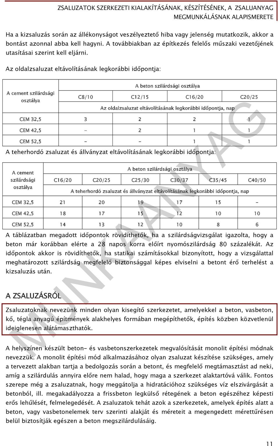 Az oldalzsaluzat eltávolításának legkorábbi időpontja: A cement szilárdsági osztálya A beton szilárdsági osztálya C8/10 C12/15 C16/20 C20/25 Az oldalzsaluzat eltávolításának legkorábbi időpontja, nap