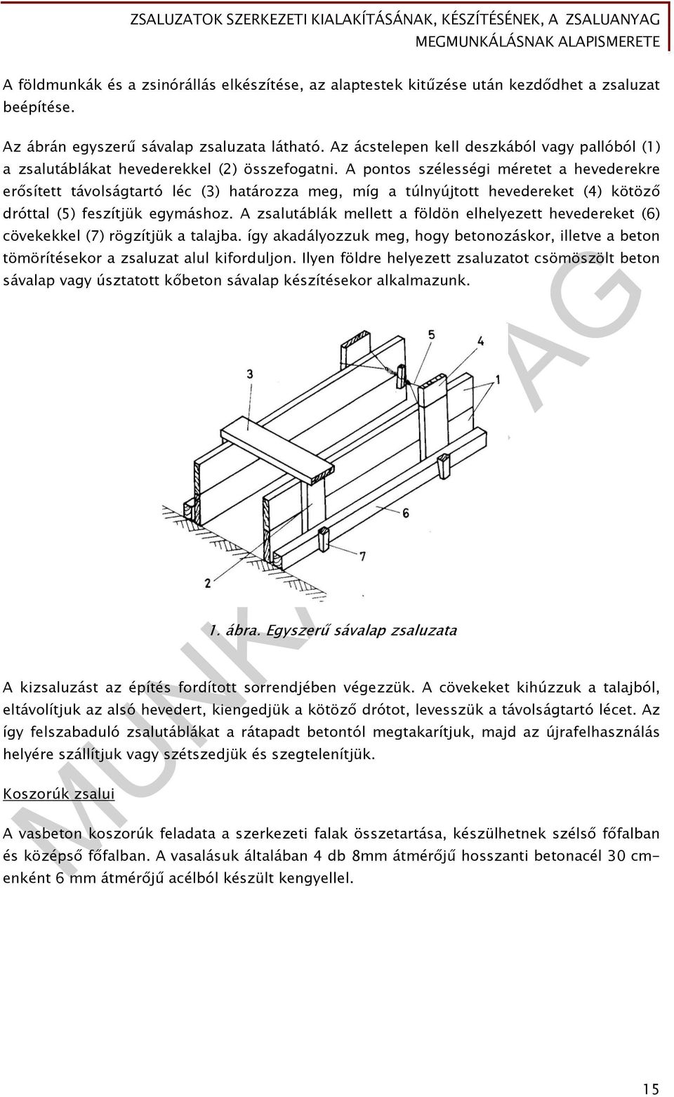 A pontos szélességi méretet a hevederekre erősített távolságtartó léc (3) határozza meg, míg a túlnyújtott hevedereket (4) kötöző dróttal (5) feszítjük egymáshoz.