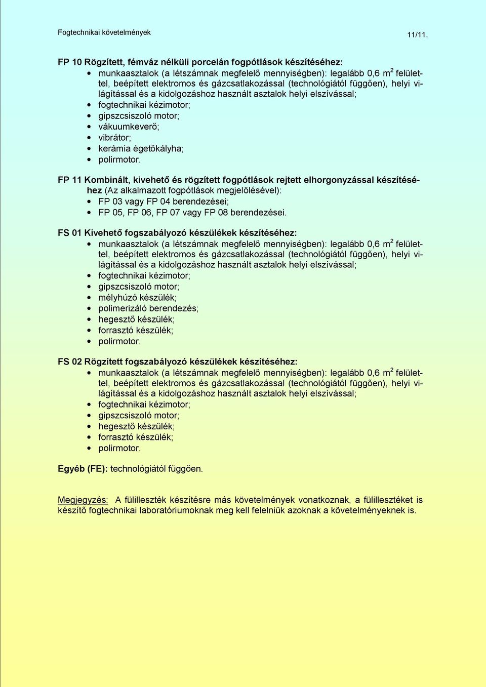 fogpótlások megjelölésével): FP 03 vagy FP 04 berendezései; FP 05, FP 06, FP 07 vagy FP 08 berendezései.