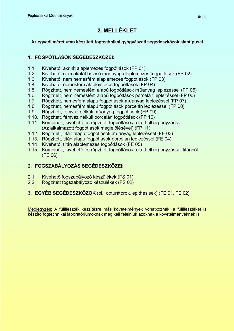 Rögzített, nem nemesfém alapú fogpótlások műanyag leplezéssel (FP 05) 1.6. Rögzített, nem nemesfém alapú fogpótlások porcelán leplezéssel (FP 06) 1.7.