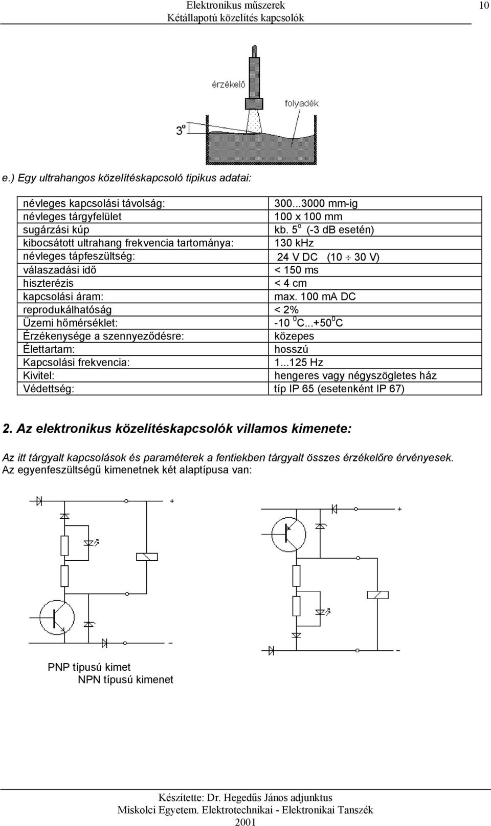 100 ma DC reprodukálhatóság < 2% Üzemi hőmérséklet: -10 0 C...+50 0 C Érzékenysége a szennyeződésre: közepes Élettartam: hosszú Kapcsolási frekvencia: 1.