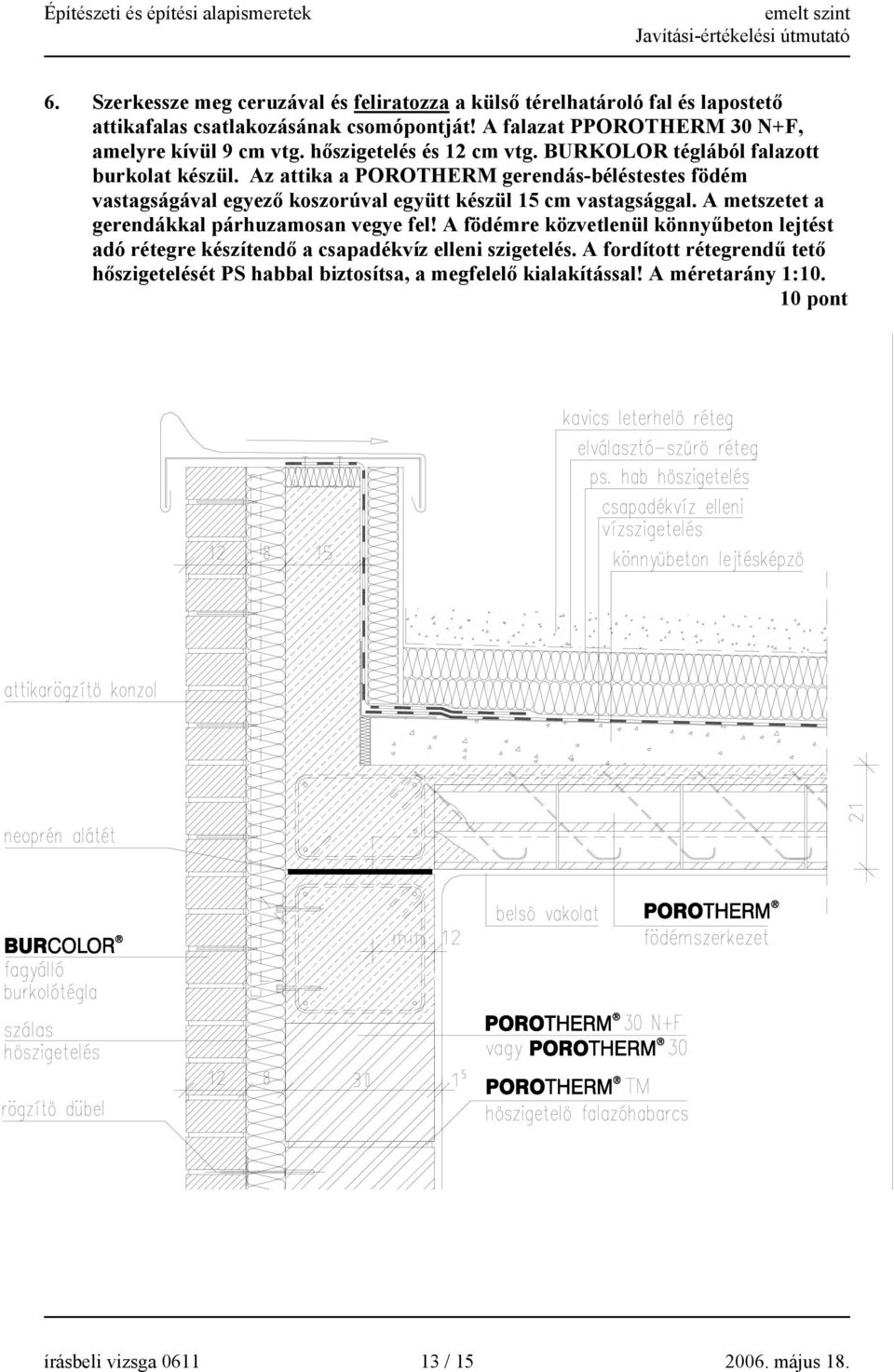 Az attika a POROTHERM gerendás-béléstestes födém vastagságával egyező koszorúval együtt készül 15 cm vastagsággal. A metszetet a gerendákkal párhuzamosan vegye fel!