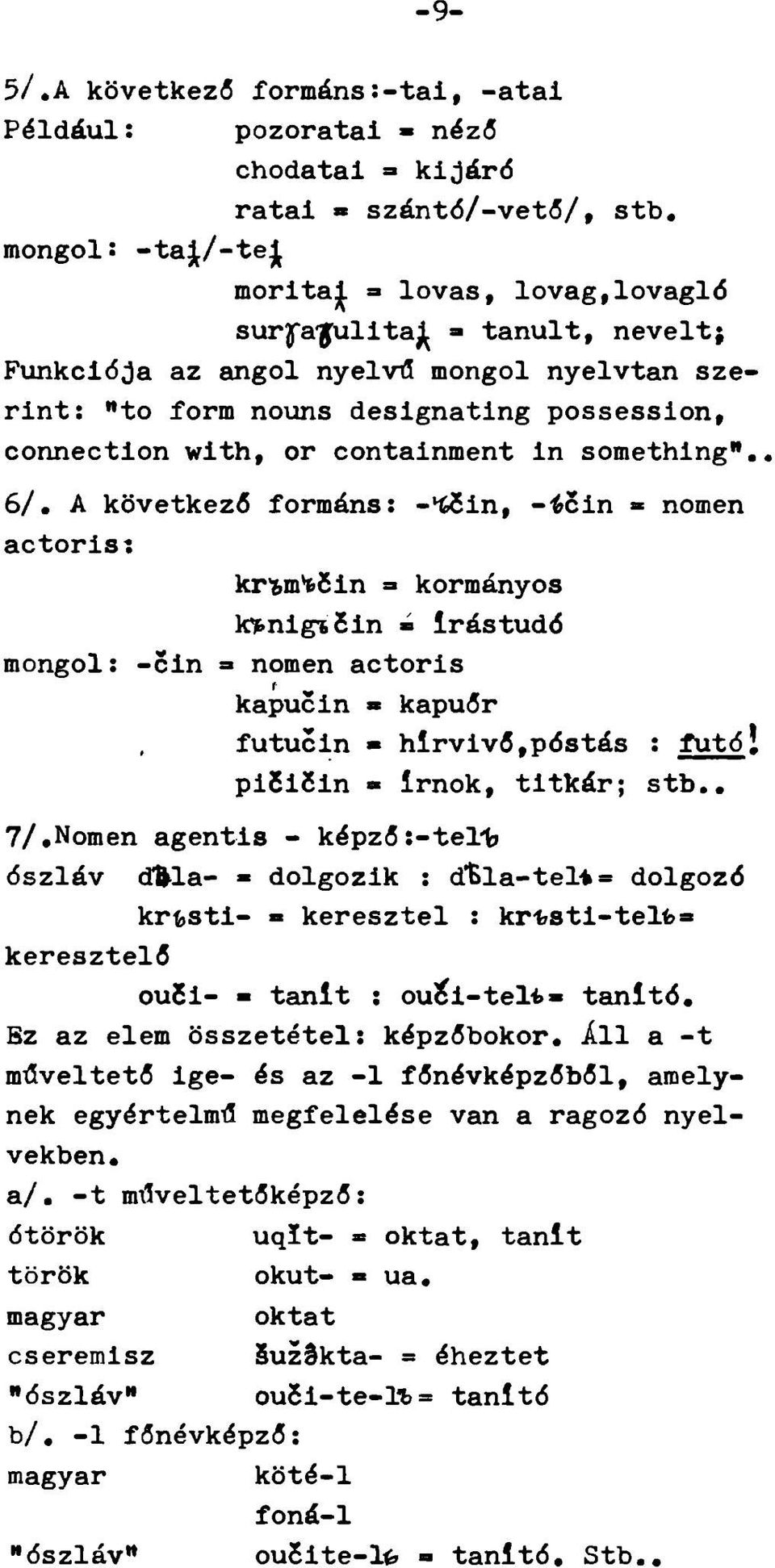 6/, A következő formáns: - tcin, --fecin «nomen actoris: kr'sm'tőin = kormányos k^nigisin» Írástudó mongol: -cin = nomen actoris kapucin» kapuőr futucin hírvivő,póstás : futó!