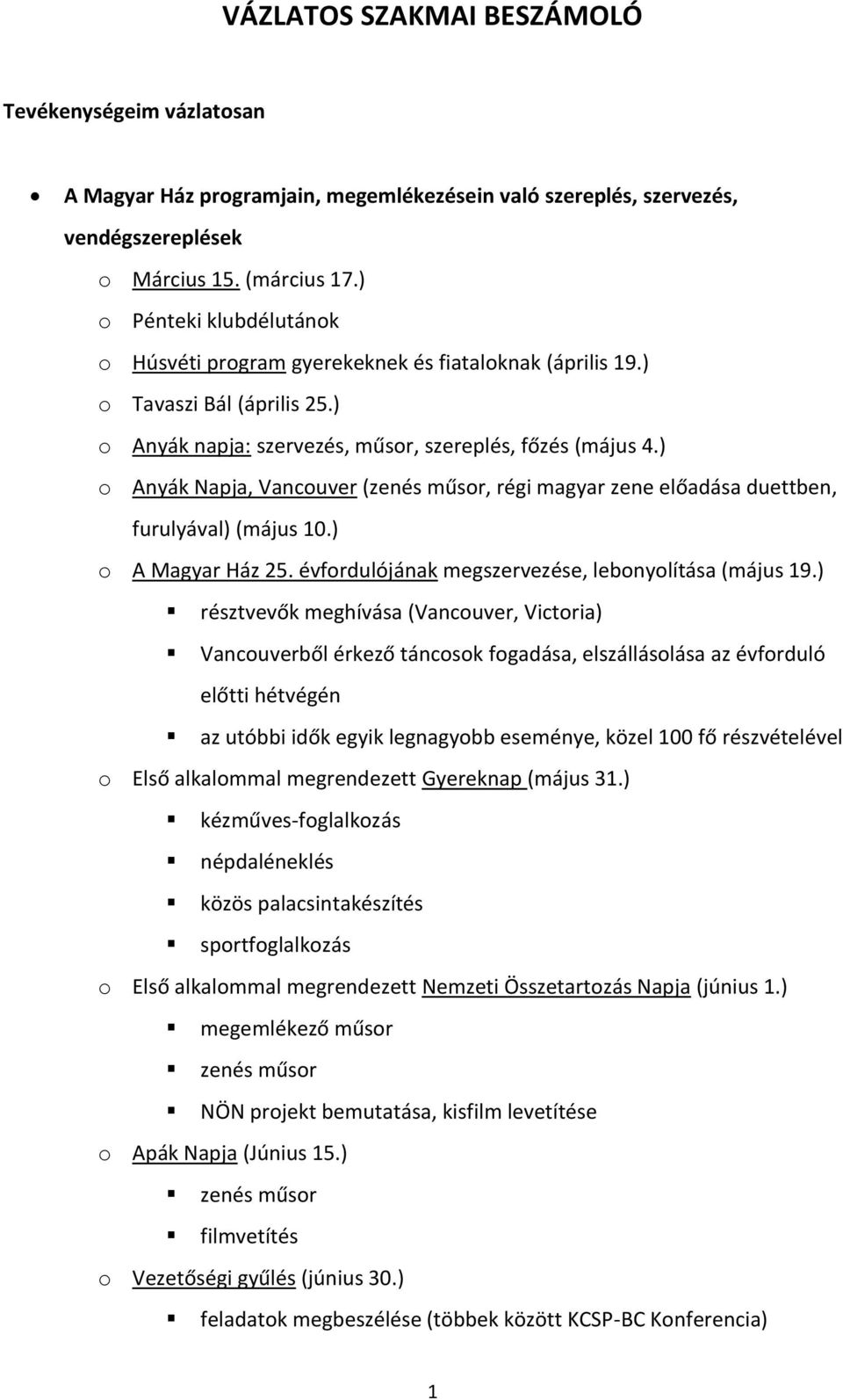 ) o Anyák Napja, Vancouver (zenés műsor, régi magyar zene előadása duettben, furulyával) (május 10.) o A Magyar Ház 25. évfordulójának megszervezése, lebonyolítása (május 19.