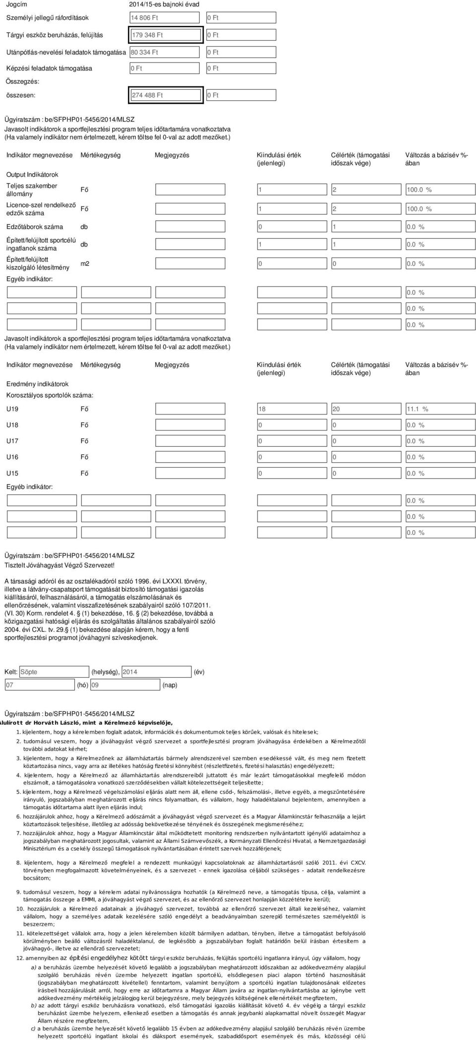 ) Indikátor megnevezée Mértékegyég Kiindulái érték (jelenlegi) Output Indikátorok Telje zakember állomány Licence-zel rendelkező edzők záma Célérték (támogatái időzak vége) Fő 1 2 10 Fő 1 2 10