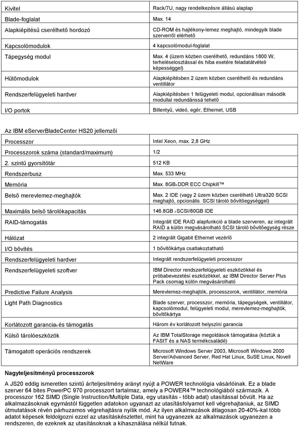 4 (üzem közben cserélhető, redundáns 1800 W, terheléselsztással és hiba esetére feladatátvételi képességgel) Hűtőmdulk Rendszerfelügyeleti hardver I/O prtk Alapkiépítésben 2 üzem közben cserélhető és