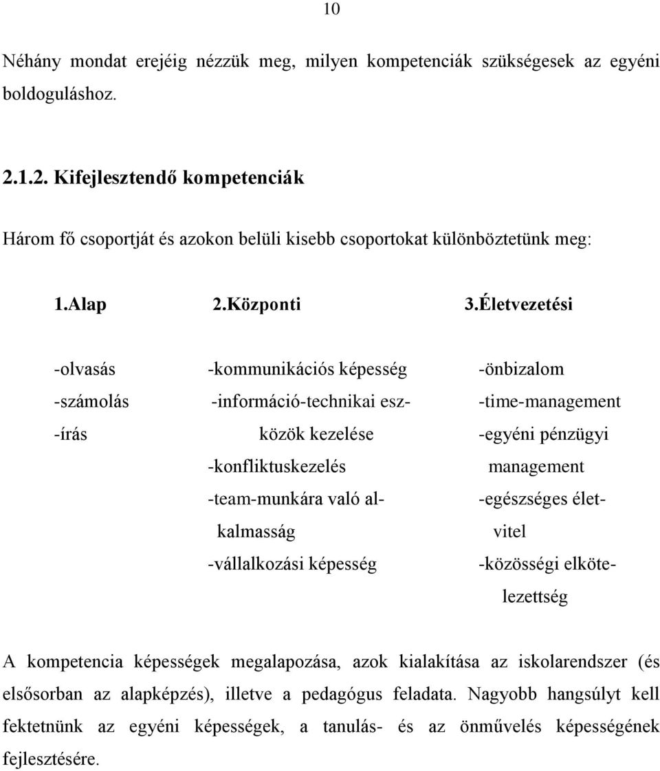 Életvezetési -olvasás -kommunikációs képesség -önbizalom -számolás -információ-technikai esz- -time-management -írás közök kezelése -egyéni pénzügyi -konfliktuskezelés management