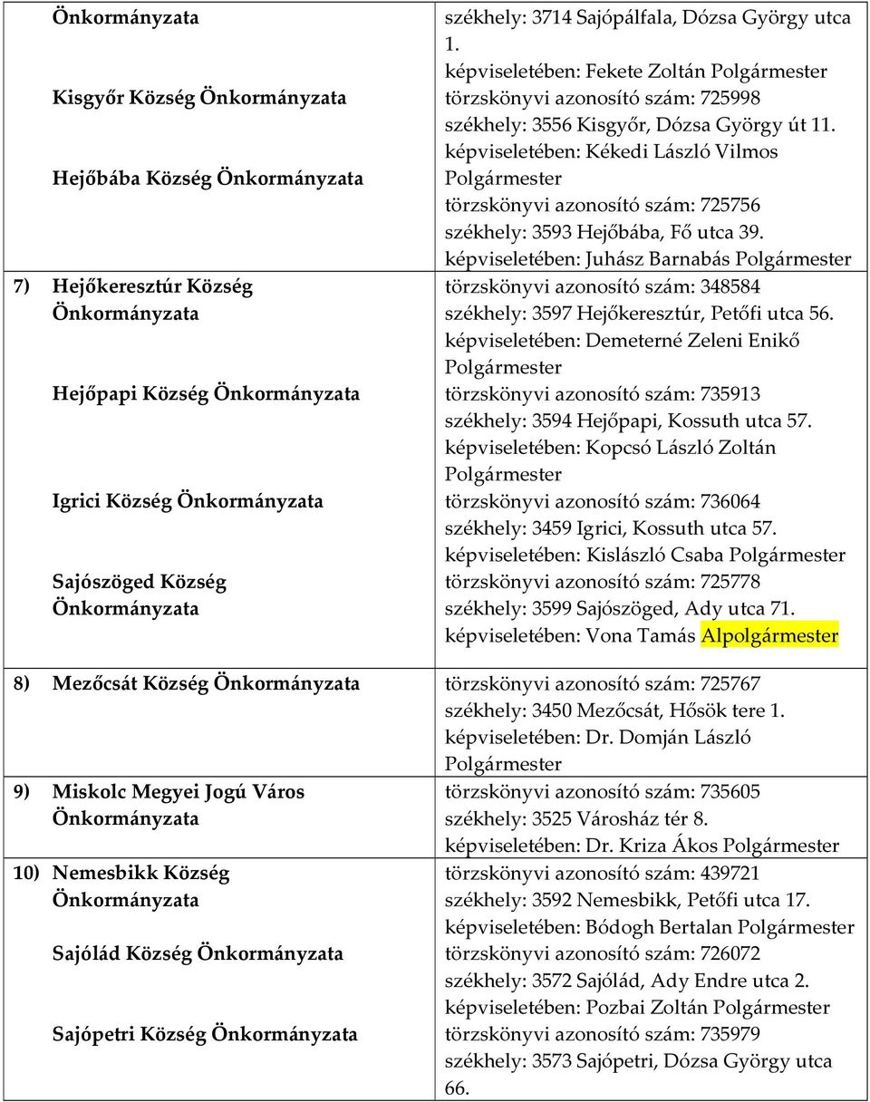 képviseletében: Kékedi László Vilmos Polgármester törzskönyvi azonosító szám: 725756 székhely: 3593 Hejőbába, Fő utca 39.