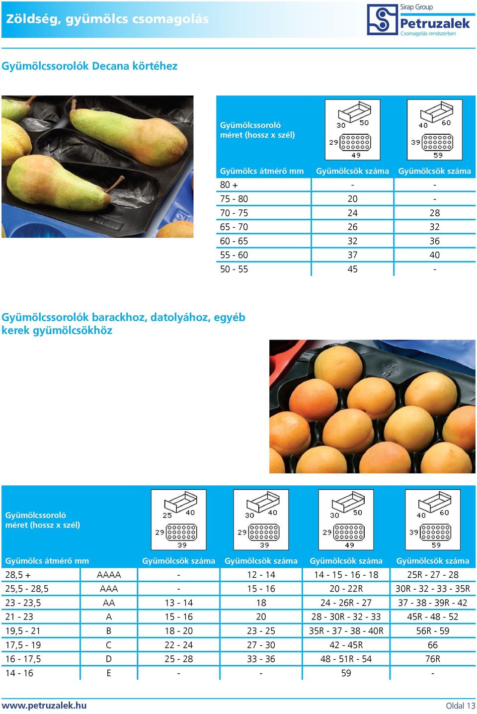 Gyümölcsök száma Gyümölcsök száma 28,5 + AAAA - 12-14 14-15 - 16-18 25R - 27-28 25,5-28,5 AAA - 15-16 20-22R 30R - 32-33 - 35R 23-23,5 AA 13-14 18 24-26R - 27 37-38 - 39R - 42