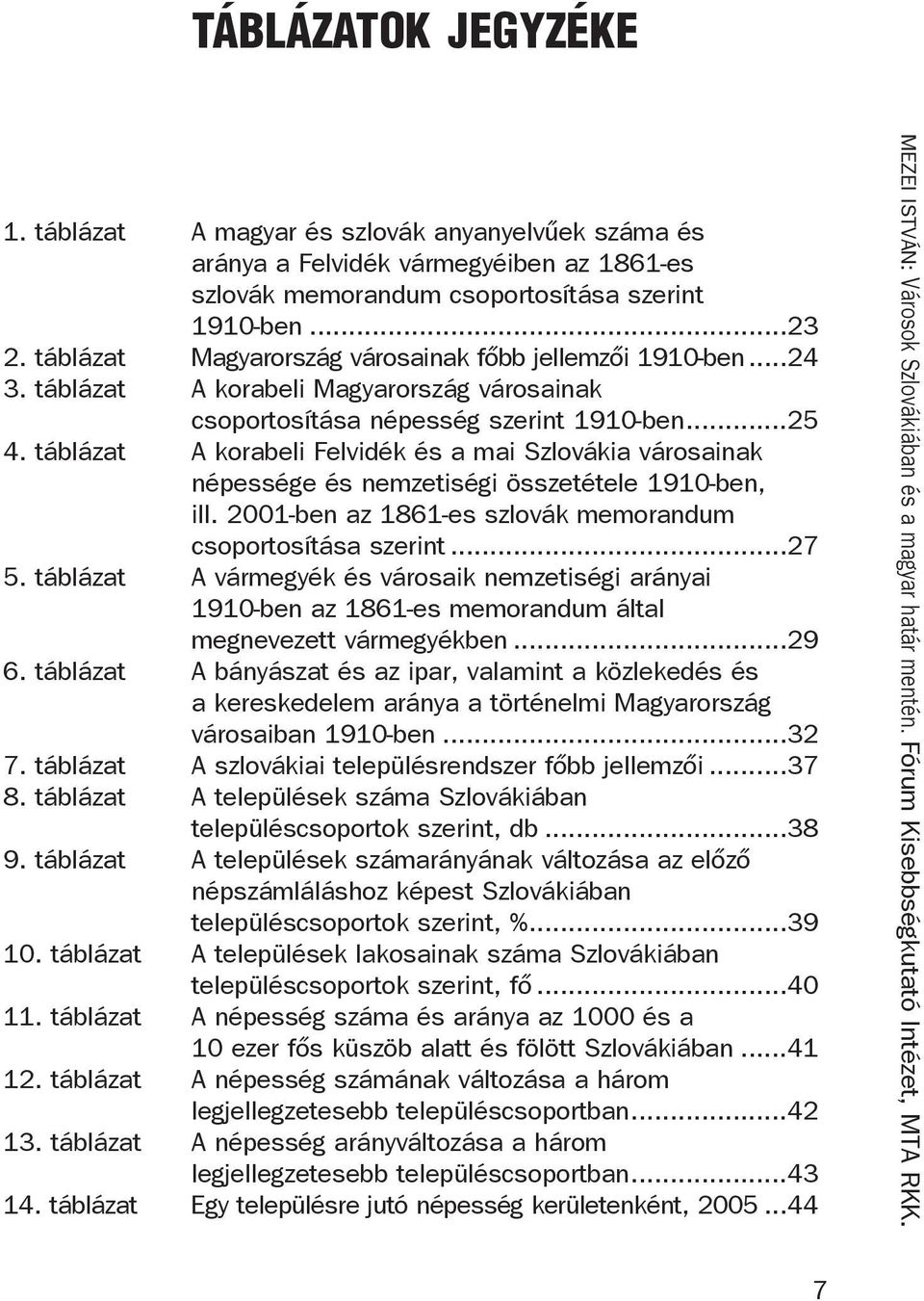 táblázat A korabeli Felvidék és a mai Szlovákia városainak népessége és nemzetiségi összetétele 1910-ben, ill. 2001-ben az 1861-es szlovák memorandum csoportosítása szerint...27 5.