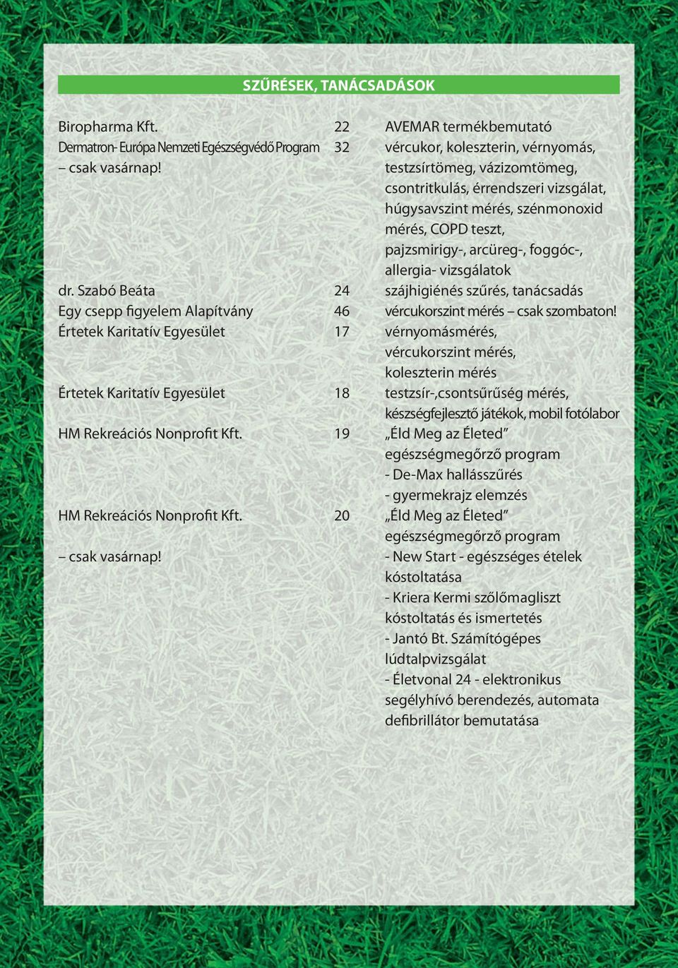 Szabó Beáta 24 szájhigiénés szűrés, tanácsadás Egy csepp figyelem Alapítvány 46 vércukorszint mérés csak szombaton!