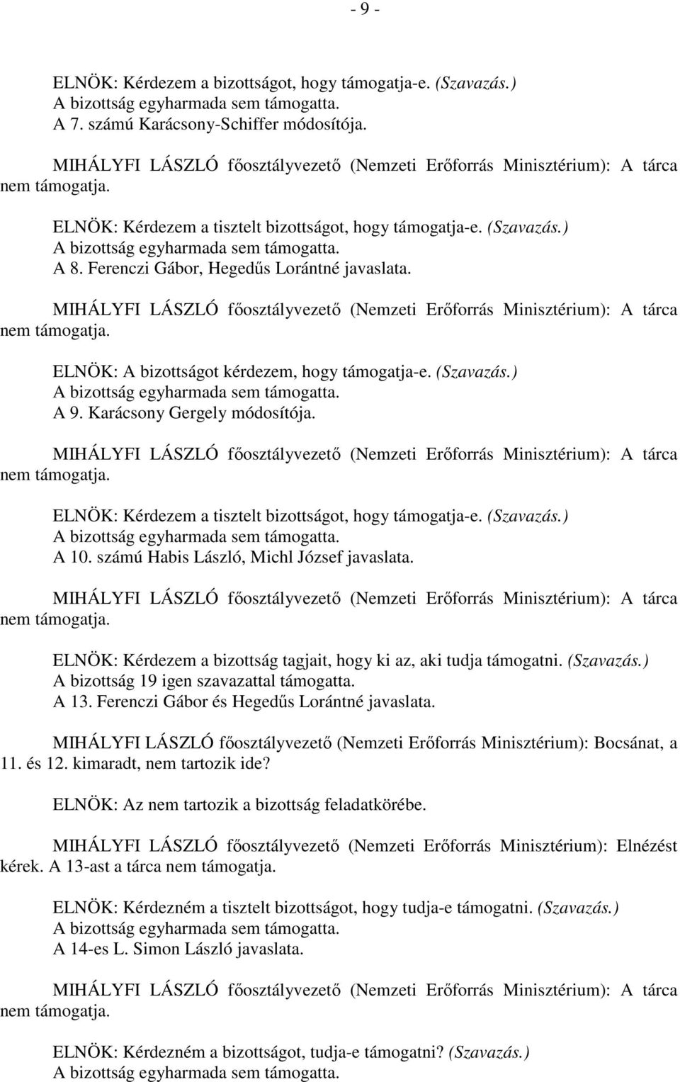 A 8. Ferenczi Gábor, Hegedűs Lorántné javaslata. MIHÁLYFI LÁSZLÓ főosztályvezető (Nemzeti Erőforrás Minisztérium): A tárca nem támogatja. ELNÖK: A bizottságot kérdezem, hogy támogatja-e. (Szavazás.