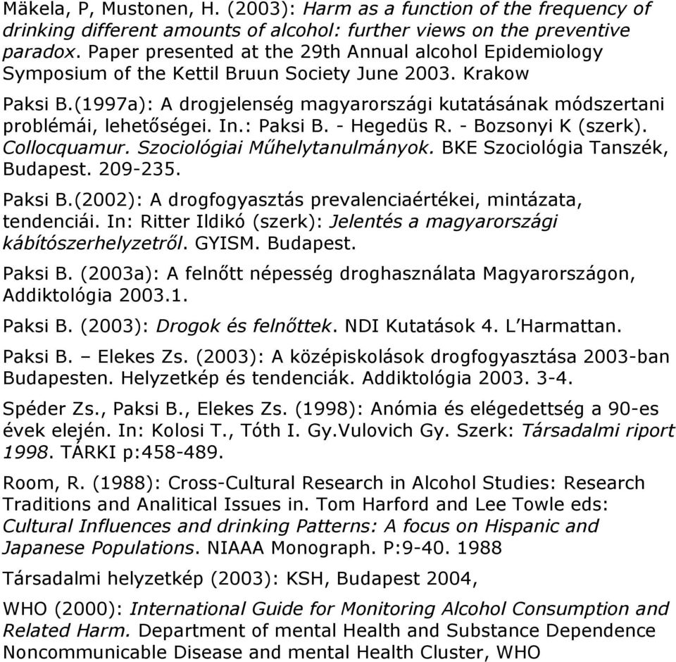 (1997a): A drogjelenség magyarországi kutatásának módszertani problémái, lehetőségei. In.: Paksi B. - Hegedüs R. - Bozsonyi K (szerk). Collocquamur. Szociológiai Műhelytanulmányok.