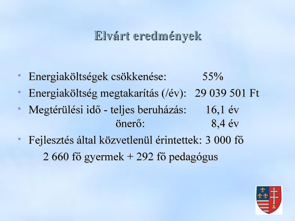 idő - teljes beruházás: 16,1 év önerő: 8,4 év Fejlesztés