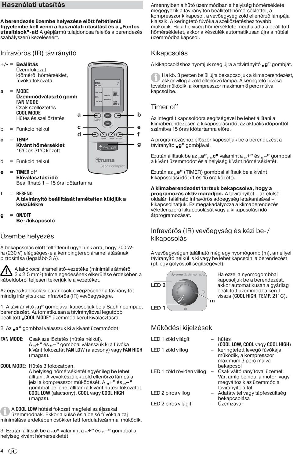 Infravörös (IR) távirányító +/- = Beállítás Üzemfokozat, időmérő, hőmérséklet, fúvóka fokozata a b c d e f g = MODE Üzemmódválasztó gomb FAN MODE Csak szellőztetés COOL MODE a Hűtés és szellőztetés =