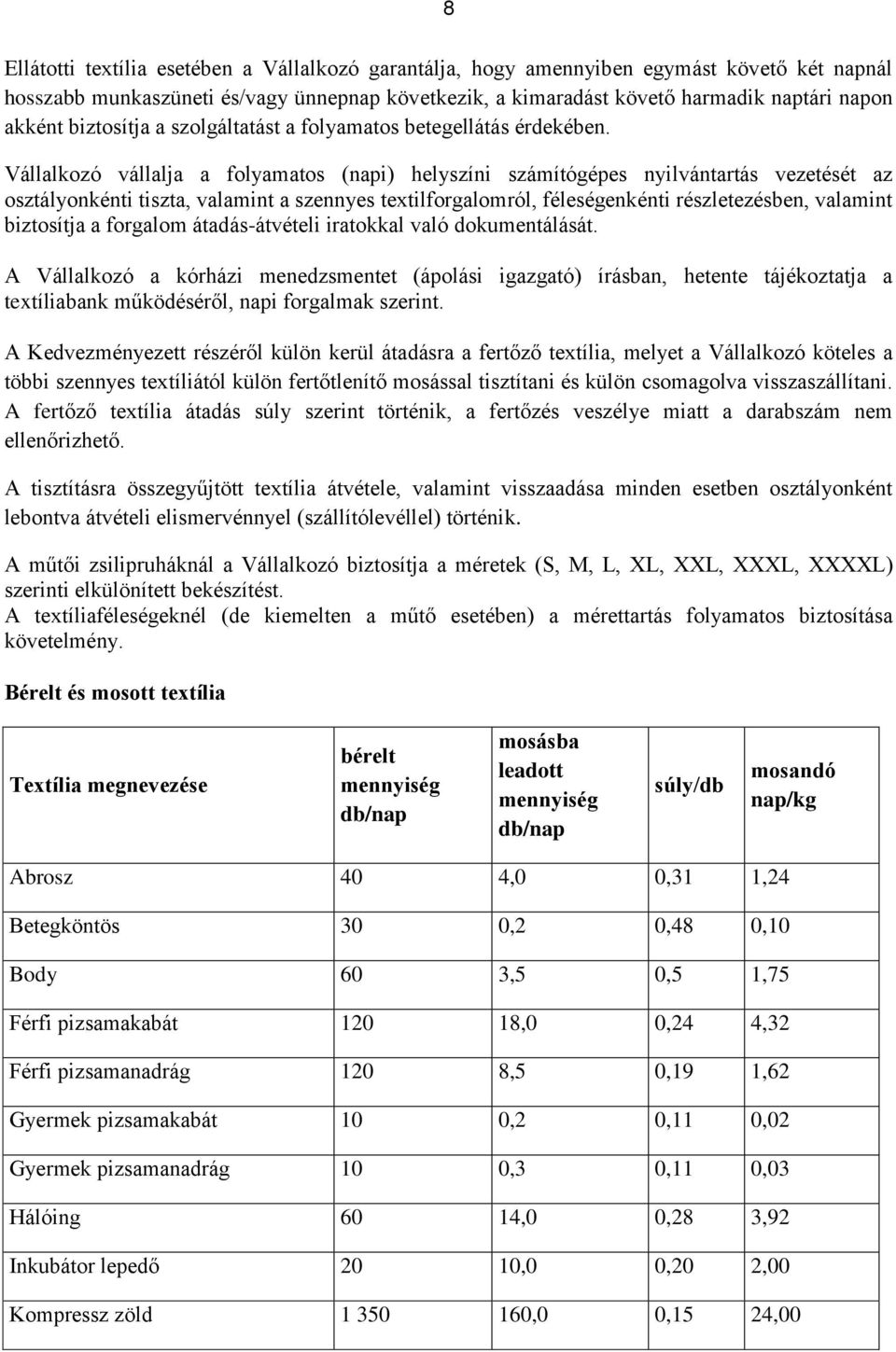 Vállalkozó vállalja a folyamatos (napi) helyszíni számítógépes nyilvántartás vezetését az osztályonkénti tiszta, valamint a szennyes textilforgalomról, féleségenkénti részletezésben, valamint