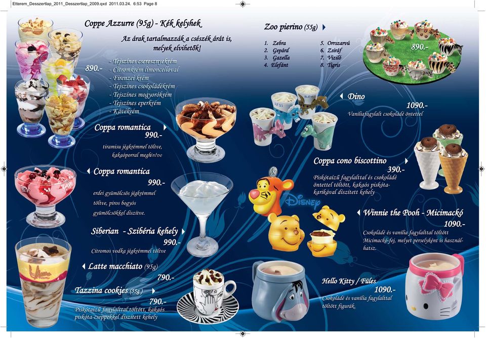 Gepárd 6. Zsiráf 3. Gazella 7. Viziló 4. Elefánt 8. Tigris Dino Coppa romantica Latte macchiato (95g) 790.- Hello Kitty / Füles 1090.- 1090.