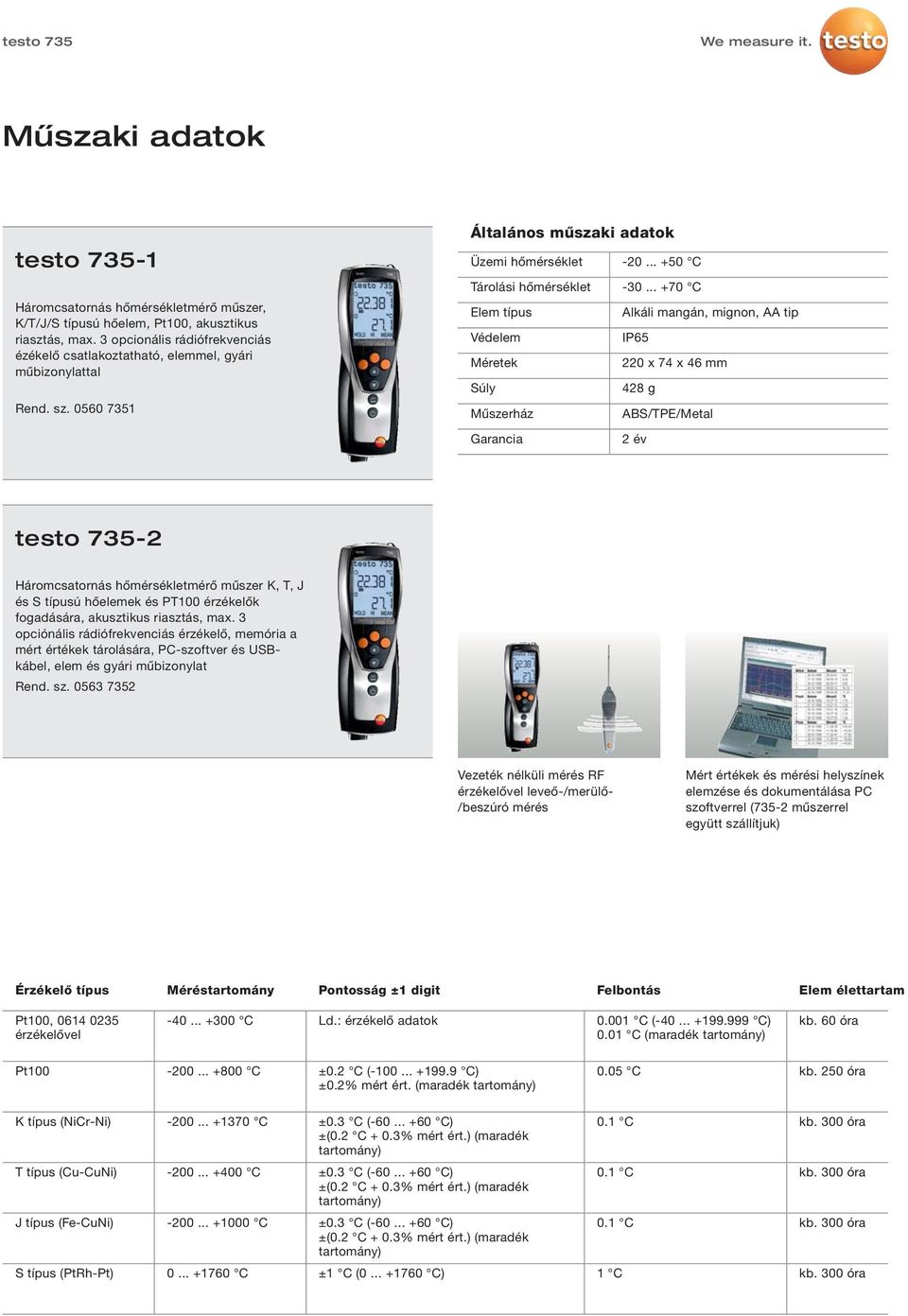 .. +70 C Elem típus Alkáli mangán, mignon, AA tip Védelem IP65 Méretek 220 x 74 x 46 mm Súly 428 g Műszerház ABS/TPE/Metal Garancia 2 év testo 735-2 Háromcsatornás hőmérsékletmérő műszer K, T, J és S