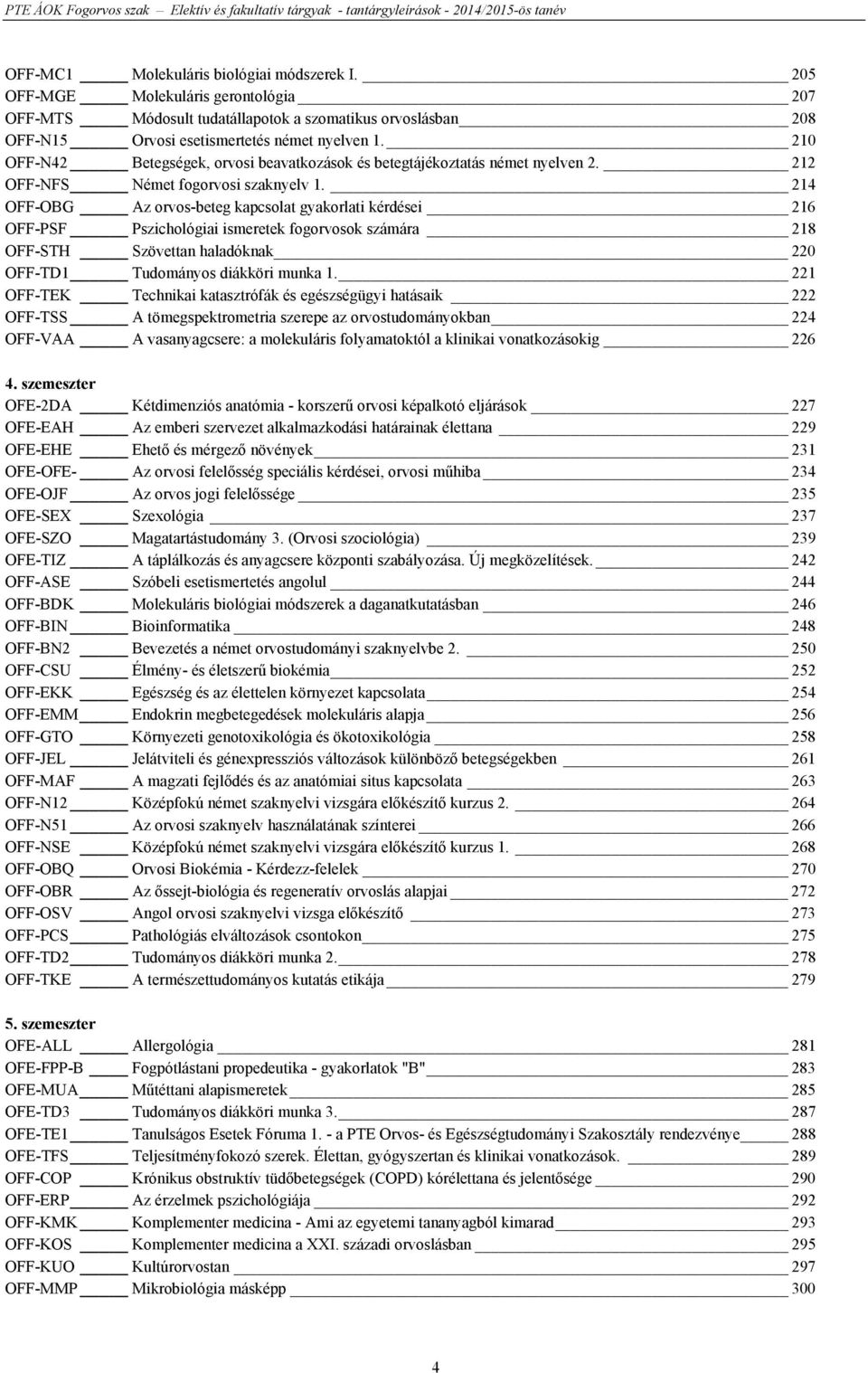 214 OFF-OBG Az orvos-beteg kapcsolat gyakorlati kérdései 216 OFF-PSF Pszichológiai ismeretek fogorvosok számára 218 OFF-STH Szövettan haladóknak 220 OFF-TD1 Tudományos diákköri munka 1.