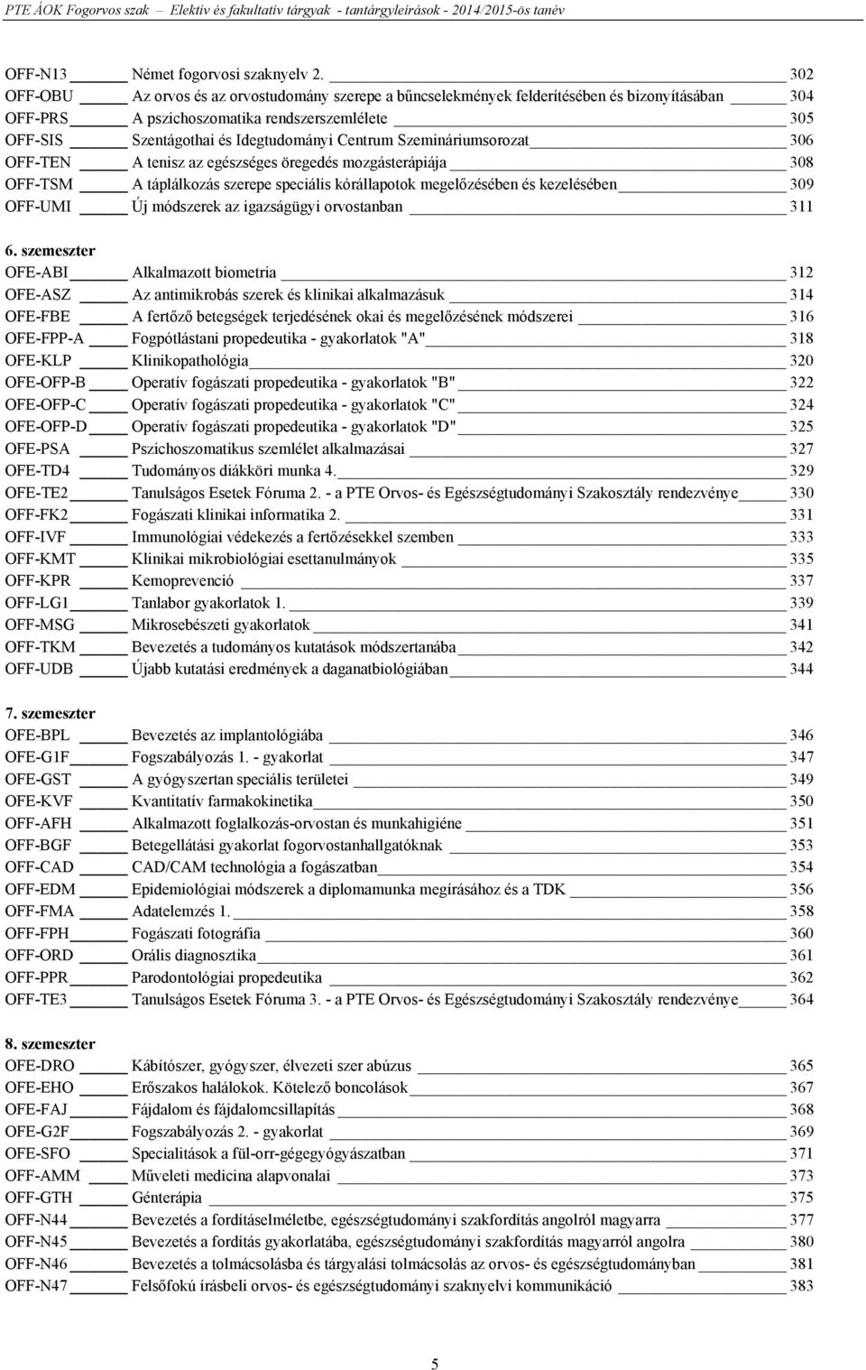 Szemináriumsorozat 306 OFF-TEN A tenisz az egészséges öregedés mozgásterápiája 308 OFF-TSM A táplálkozás szerepe speciális kórállapotok megelőzésében és kezelésében 309 OFF-UMI Új módszerek az