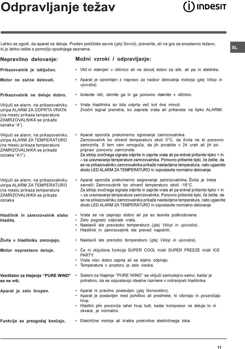 Vkljuèi se alarm, na prikazovalniku utripa ALARM ZA ODPRTA VRATA (na mestu prikaza temperature ZAMRZOVALNIKA se prikaže oznaka d ).