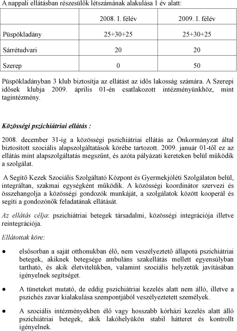 április 01-én csatlakozott intézményünkhöz, mint tagintézmény. Közösségi pszichiátriai ellátás : 2008.