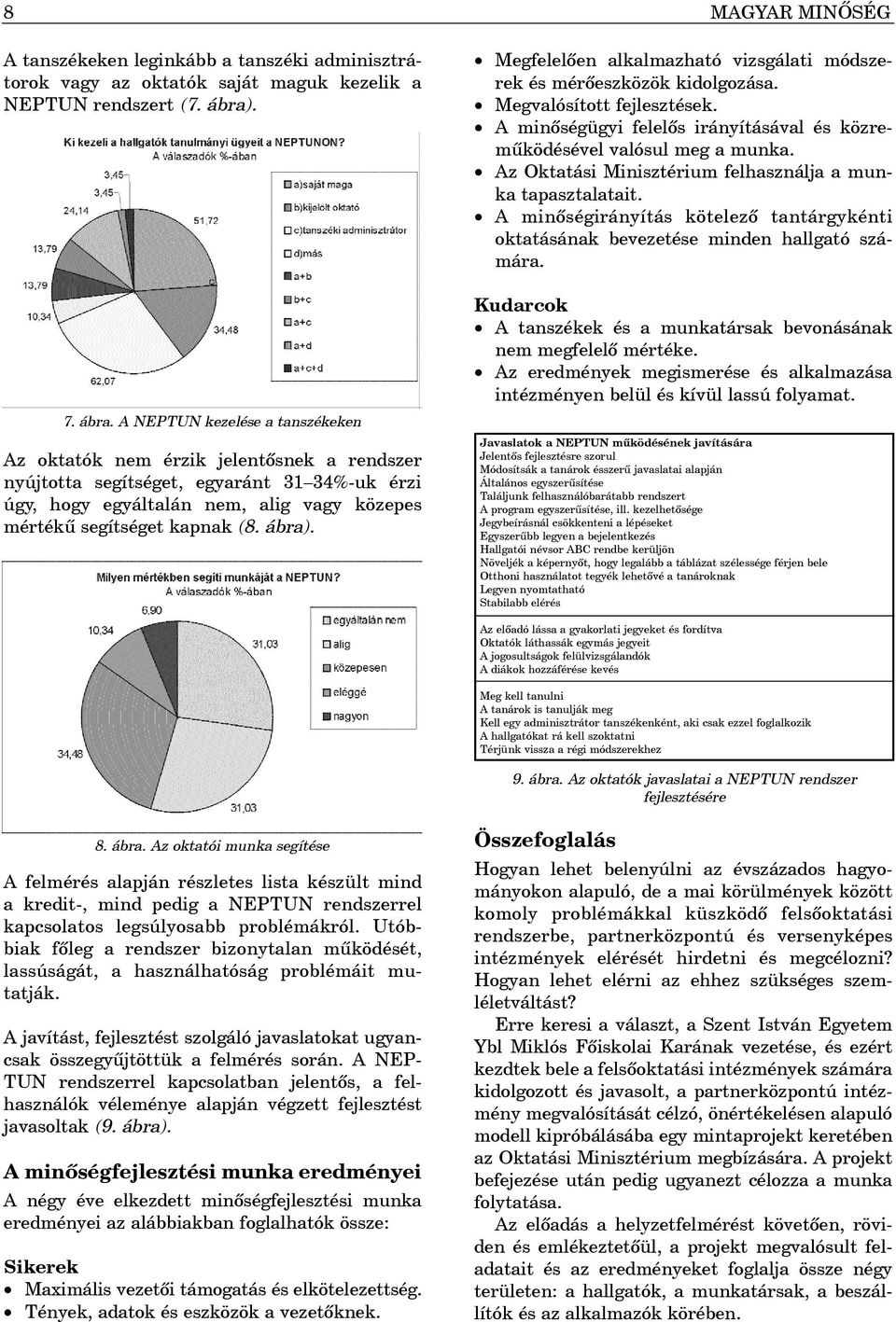 A NEPTUN kezelése a tanszékeken Az oktatók nem érzik jelentõsnek a rendszer nyújtotta segítséget, egyaránt 31 34%-uk érzi úgy, hogy egyáltalán nem, alig vagy közepes mértékû segítséget kapnak (8.