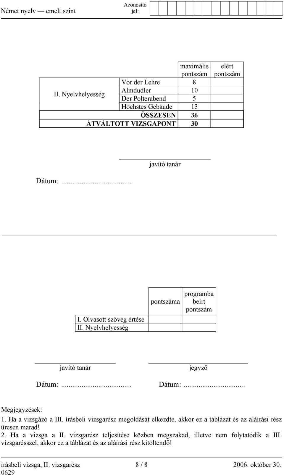 Olvasott szöveg értése II. Nyelvhelyesség pontszáma programba beírt pontszám javító tanár jegyző Dátum:... Dátum:... Megjegyzések: 1. Ha a vizsgázó a III.