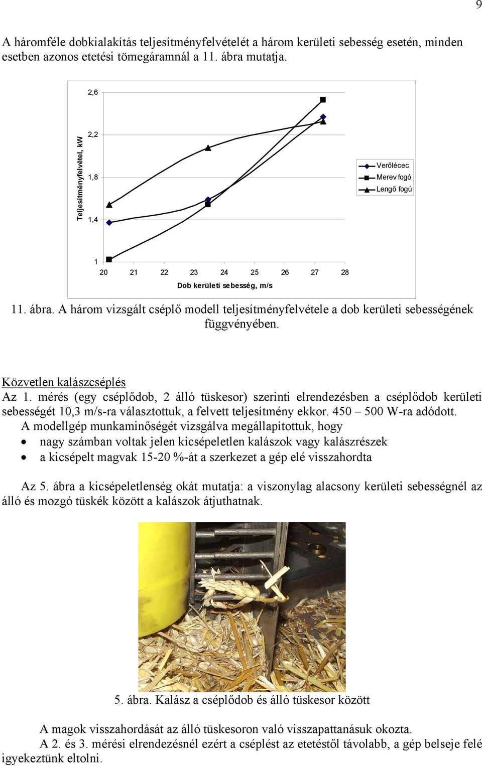 A három vizsgált cséplő modell teljesítményfelvétele a dob kerületi sebességének függvényében. Közvetlen kalászcséplés Az 1.