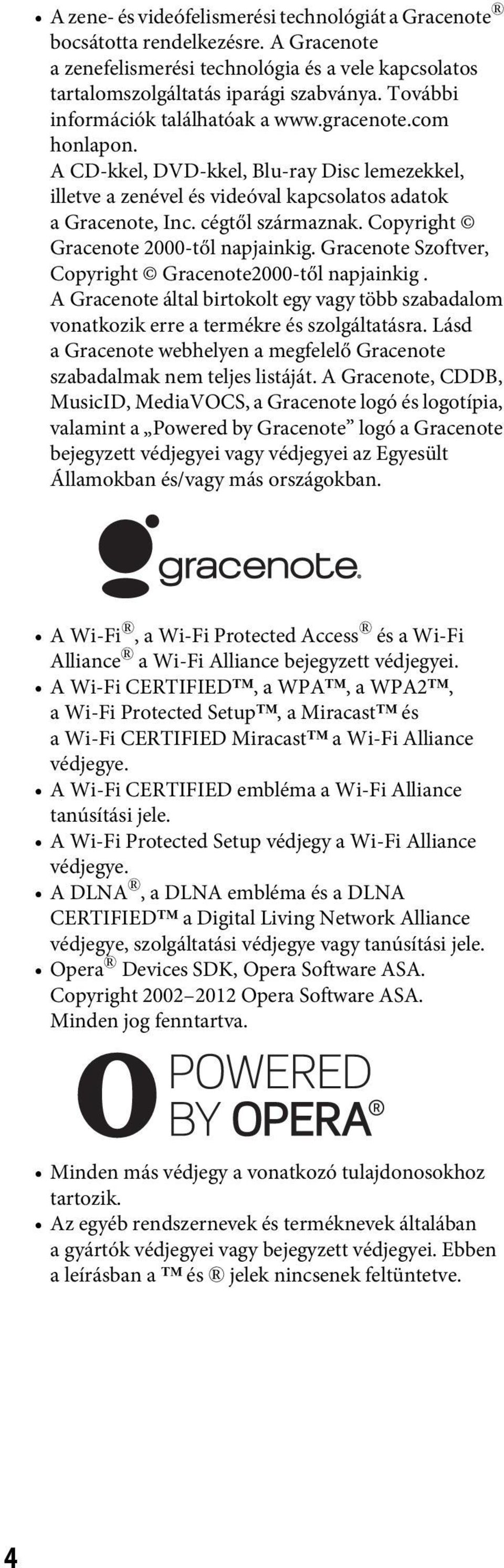 Copyright Gracenote 2000-től napjainkig. Gracenote Szoftver, Copyright Gracenote2000-től napjainkig. A Gracenote által birtokolt egy vagy több szabadalom vonatkozik erre a termékre és szolgáltatásra.