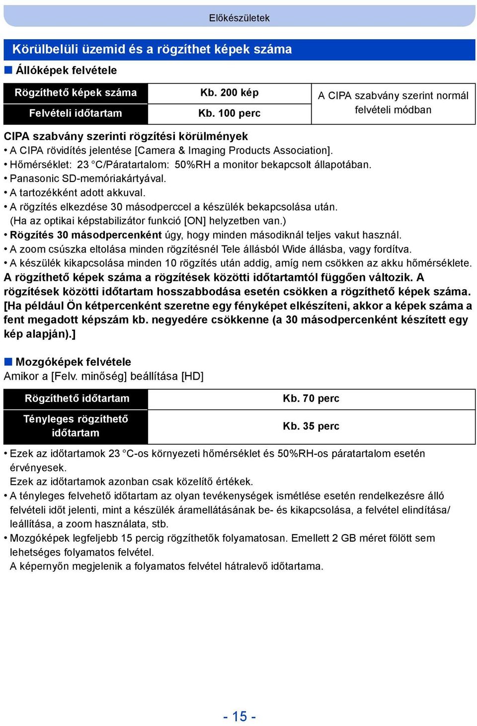 Hőmérséklet: 23 oc/páratartalom: 50%RH a monitor bekapcsolt állapotában. Panasonic SD-memóriakártyával. A tartozékként adott akkuval. A rögzítés elkezdése 30 másodperccel a készülék bekapcsolása után.